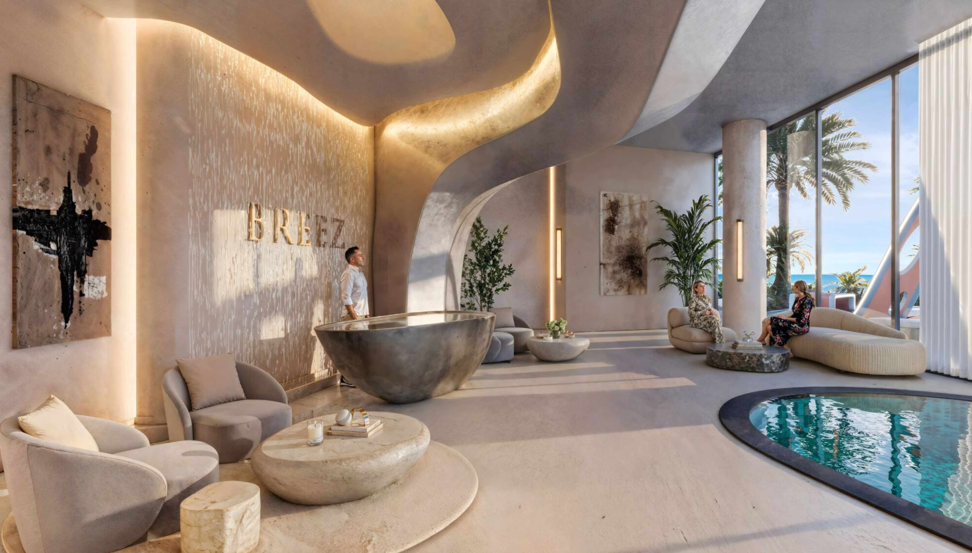 Luxury spa and wellness center at Breez by Danube with Breez branding - premium resort amenities Dubai Maritime City