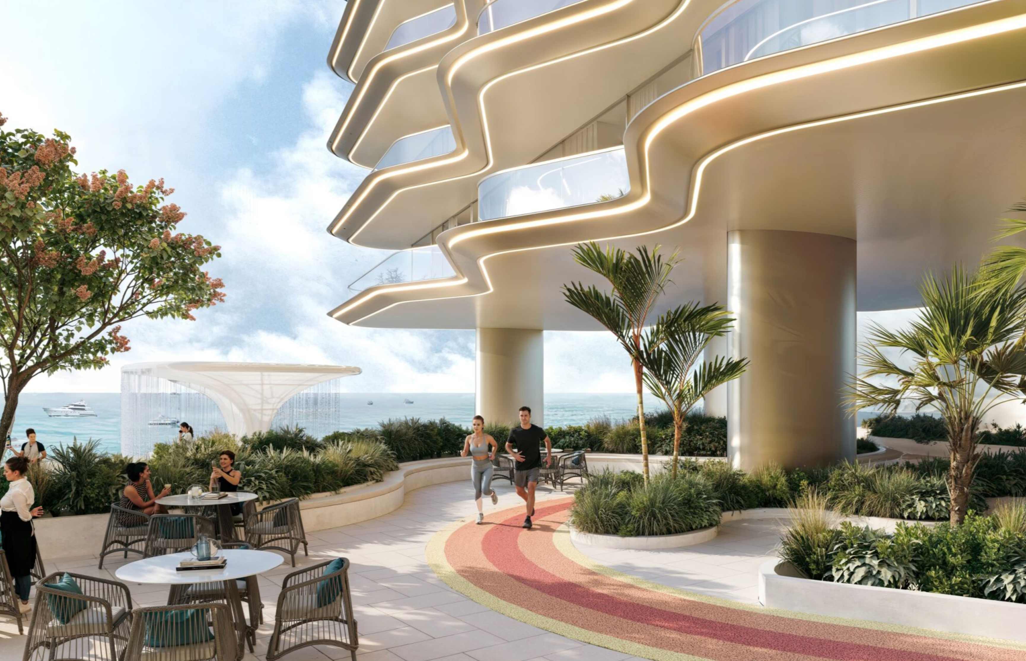 Outdoor jogging track with ocean views at Breez Dubai - fitness and wellness facilities with sea views