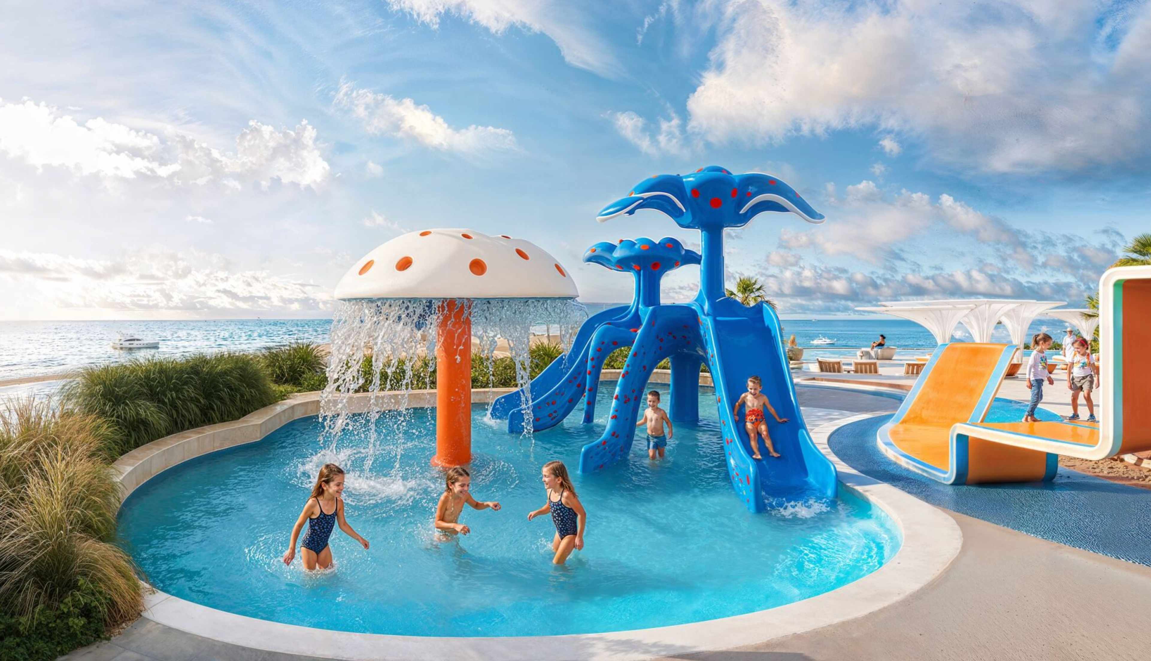 Kids water play area with splash features at Breez by Danube - children's splash pool and playground