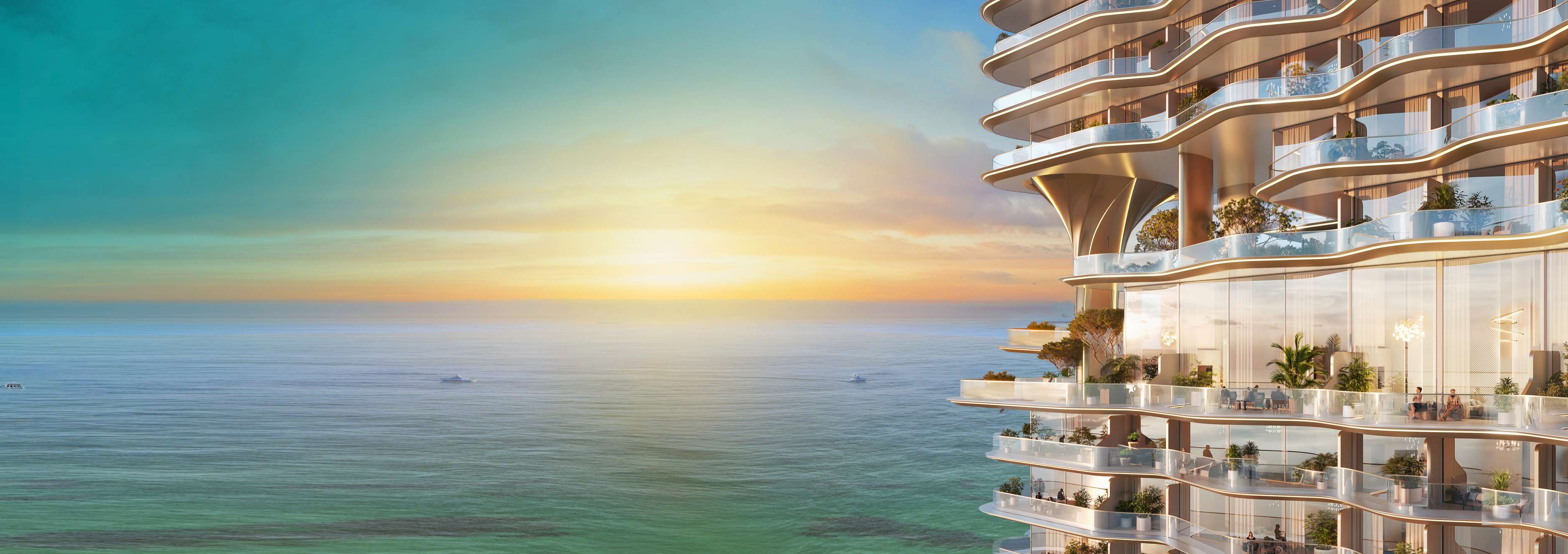 Wake up to breathtaking ocean views every day at Breez Dubai - luxury waterfront living with curved balconies overlooking turquoise Arabian Gulf waters at sunset